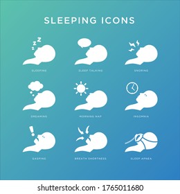 Sleep Apnea Related Icons. CPAP Related Vector Icon Set. CPAP Masks and Sleeping Habits.