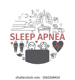 Sleep Apnea round banner. Symptoms, Treatment. Line icons. Vector signs for web graphics.