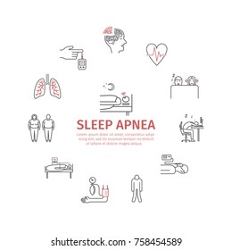 Sleep Apnea round banner. Symptoms, Treatment. Line icons. Vector signs for web graphics.