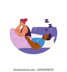 Sleep apnea and snoring depicted in this vector set with a snoring man in bed and an irritated woman. Visual representation of night breathing problems. Flat style with close-up. Ideal for stickers.