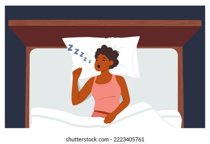 Sleep Apnea, Snoring, Fast Asleep Concept. Young Woman Lying In Bed Loudly Snore With Open Mouth While Deep Sleep. Female Person Catching Some Zzz's During Bedtime At Night. Vector Illustration