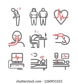 Sleep Apnea. Symptoms, Treatment. Line Icons Set. Vector Signs For Web Graphics.