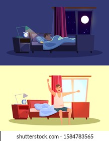 Sleep and awakening flat vector illustrations set. Young caucasian man in bedrooms cartoon characters. Guy sleeping at night and waking up in morning. Nighttime and daytime