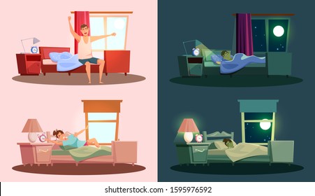 Sleep and awakening flat vector illustrations set. Young caucasian man and woman in bedrooms cartoon characters. People sleeping at night and waking up in morning. Nighttime and daytime