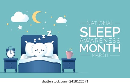 Sleep awareness month is an annual event celebrated each year in March. This is an opportunity to stop and think about your sleeping habits, consider how much they impact your well-being. Vector art