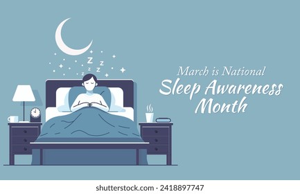 Sleep awareness month is an annual event celebrated each year in March. This is an opportunity to stop and think about your sleeping habits, consider how much they impact your well-being. Vector art