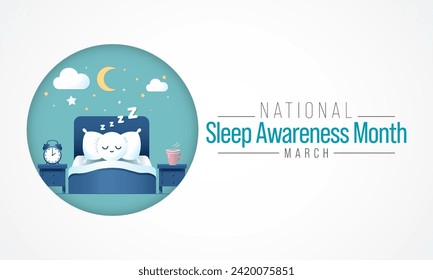 Sleep awareness month is an annual event celebrated each year in March. This is an opportunity to stop and think about your sleeping habits, consider how much they impact your well-being. Vector art