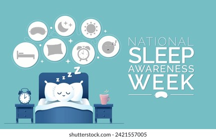 Sleep awareness Week is an annual event celebrated each year in March. This is an opportunity to stop and think about your sleeping habits, consider how much they impact your well-being. Vector art