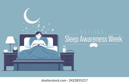 Sleep awareness Week is an annual event celebrated each year in March. This is an opportunity to stop and think about your sleeping habits, consider how much they impact your well-being. Vector art