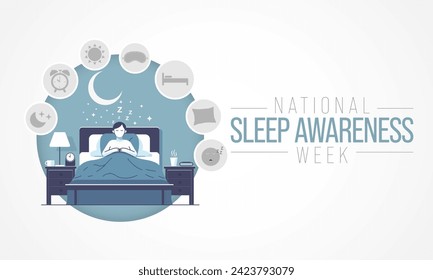 Sleep awareness Week is an annual event celebrated each year in March. This is an opportunity to stop and think about your sleeping habits, consider how much they impact your well-being. Vector art