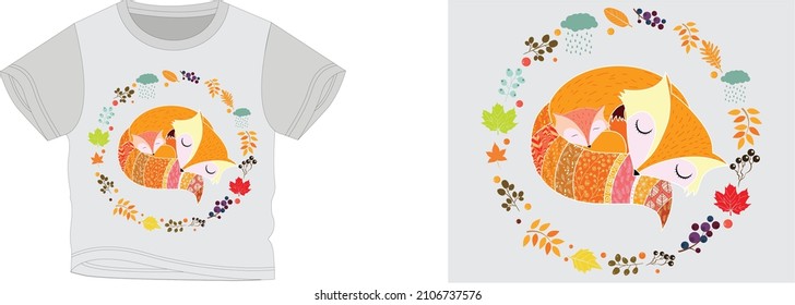 sleep baby fox and flower leaf circle t-shirt design background color is a light gray and t-shirt color is a light gray and gray and dark gray beautiful color and beautiful design