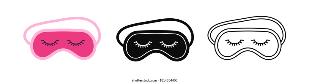 Sleep beauty masks with eyelashes icon set. Eye protection wear accessory collection. Relaxation blindfolds isolated on white background. Eye cover flat, simple, line art design vector illustration.