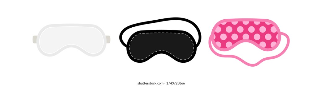Sleep beauty masks icon set. Eye protection wear accessory collection - white, pink, black color. Relaxation blindfolds isolated on white background. Eye cover flat design cartoon vector illustration.