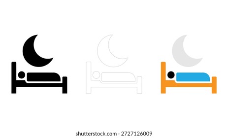 Sono cama ícone lua vetor definir linha sólida colorido noite tempo descanso símbolos