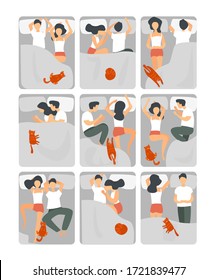 Sleep in bed at night vector illustration. Cartoon man woman tired characters, adult couple married people and cat pet laying, sleeping together. Flat home bedroom top view set icons isolated on white