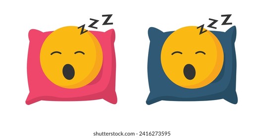 Sleep bed person icon flat cartoon illustration set, yellow red blue asleep smile character in pillow snooze, deep rest doze modern design sign image clipart 