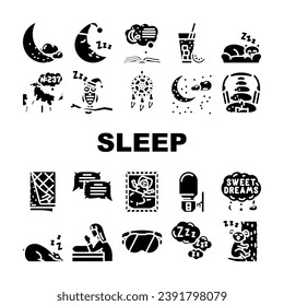 sleep bed pillow dream night icons set vector. healthy relax, bedroom rest, young person, room lifestyle, happy, home, female lying sleep bed pillow dream night glyph pictogram Illustrations