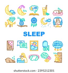 sleep bed pillow dream night icons set vector. healthy relax, bedroom rest, young person, room lifestyle, happy, home, female lying sleep bed pillow dream night color line illustrations
