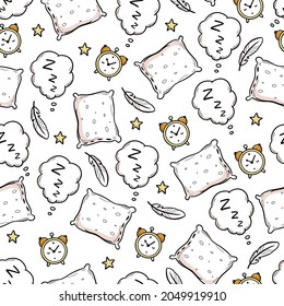 Sleep, Bed Time Seamless Pattern. Zzz, Dream Time Kids Background. Hand Drawn Sketch Doodle Style. Alarm, Pillow, Zzz Element. Vector Illustration.