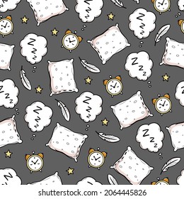 Sleep, bed time seamless pattern. Zzz, dream time kids background. Hand drawn sketch doodle style. Star, pillow, moon element. Vector illustration.
