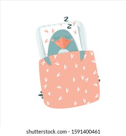Sleep in bed, vector illustration on white background. Cute penguin sleeping in bed. Flat design. Vector illustration. Concept: proper sleep in bed, medicine, health, daily routine for children.
