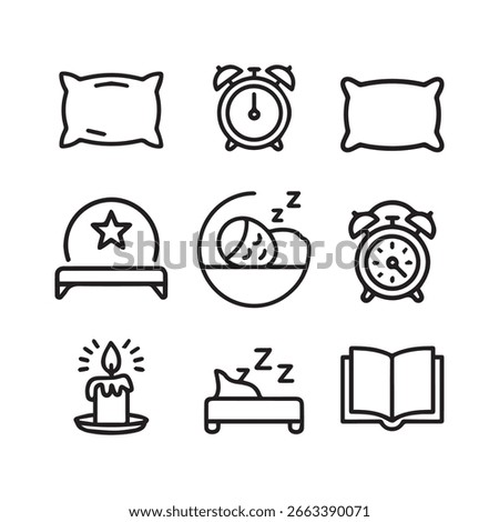 Sleep and Bedtime Icons Collection featuring Pillow Alarm Clock Reading and Relaxation Time for Restful Night