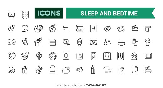 Sleep and Bedtime icons set. Outline icons pack. Editable vector line icon set and illustration for web and UI application.