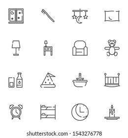 Sleep, bedtime line icons set. linear style symbols collection, outline signs pack. vector graphics. Set includes icons as Crib, armchair, night lamp, sleeping hat, pillow, dream catcher, candle, bed