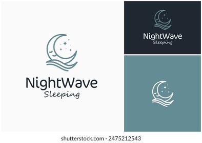 Dormir Noche Sueño de Noche Luna Creciente Océano Onda Calma Línea Arte Vector Logo Diseño Ilustración