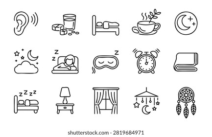 Sleep and bedtime routine icons set with relaxation nighttime insomnia
