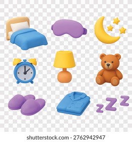 Sleep and Bedtime Routine Vector Icon Set | 3D icon set | a comfortable bed with a blue blanket, a purple sleep mask, a crescent moon with stars, a blue alarm clock, a yellow bedside lamp, a brown teddy bear, a pair of purple slippers, a folded blue pajama set, and purple ZZZ sleep symbols
