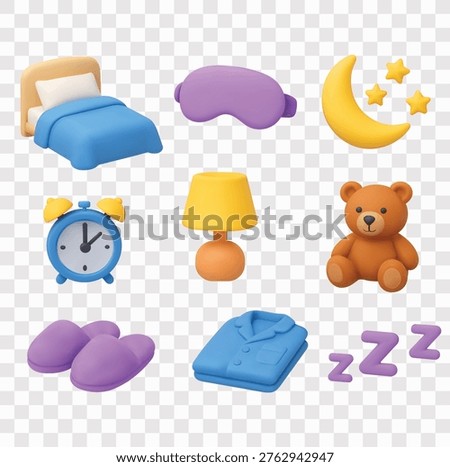 Sleep and Bedtime Routine Vector Icon Set | 3D icon set | a comfortable bed with a blue blanket, a purple sleep mask, a crescent moon with stars, a blue alarm clock, a yellow bedside lamp, a brown teddy bear, a pair of purple slippers, a folded blue pajama set, and purple ZZZ sleep symbols