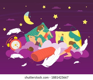Dormir a la hora de acostarse, ilustración vectorial. Personaje en la cama, concepto de sueño nocturno. Caracter de hombre mujer relajado, cómodos dibujos animados descansan para la salud. Tiempos de sueño para hombres cansados.