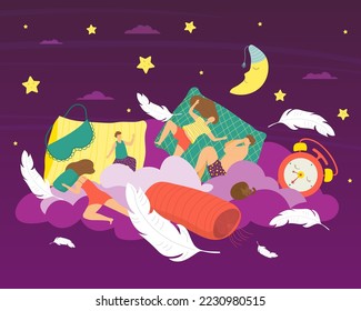 Sleep at bedtime, vector illustration. Person character in bed, flat night dream concept. Man woman character relax, comfortable cartoon rest