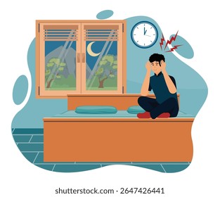 Sleep behavior disorder concept. Man sitting on his bed, holding his head, showing signs of distress or worry. 