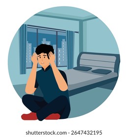 Sleep behavior disorder. Man sitting on the floor of his room, overwhelmed by stress due to sleep disturbance and worry, shows emotional tension in a private place with a visible city view window.