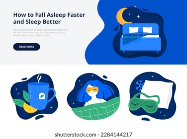 Sleep better tips. Comfortable bed and pillow, herbal tea, face mask. Trendy flat vector illustrations for web banner or landing page.