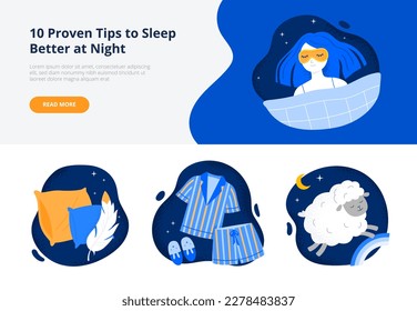 Sleep better tips. Soft blanket, face mask, comfortable pillows and pajamas. Trendy flat vector illustrations for web banner or landing page.