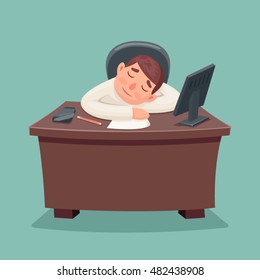 Sleep businessman tired fell asleep on the desktop cartoon design vector illustration