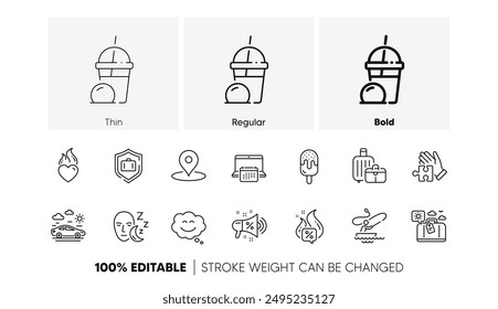 Sleep, Calendar and Hot offer line icons. Pack of Heart flame, Ice cream milkshake, Ice cream icon. Smile chat, Luggage protect, Sale megaphone pictogram. Pin, Puzzle, Travel luggage. Vector