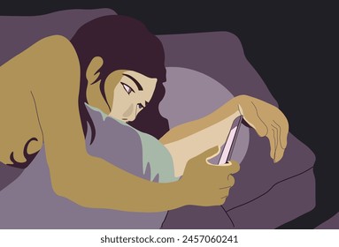 Tendencia de llamada de sueño. Mujer mirando el teléfono celular en línea en la cama. Insomnio femenino. Luchando para dormir por la noche.