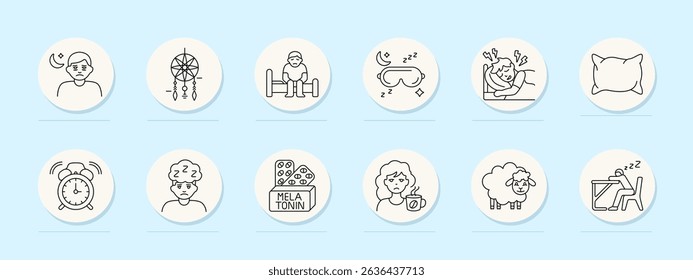 Sleep care set icon. Insomnia, dreamcatcher, early waking, sleep mask, bad dreams, pillow, alarm, melatonin, tired face, sheep, nap at desk.