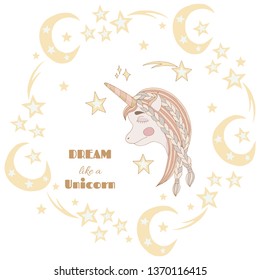 Sleep cartoon Unicorn for nursery print and other design. Cute sleep Unicorn. Dream like a Unicorn quote.