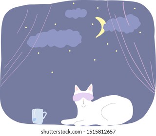 Sleep cats in window at home. Cats are sit on windowsill . Outside the sky, clouds. Colorful vector illustration in flat style.