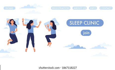 Sleep Clinic Or Laboratory Website Page Template.Woman Lying In Bed With Tracker On Her Hand.Device Controls Quality Of Dream Or Slumber.Healthcare And Melatonin.Somnological Center.Vector.Blue Color