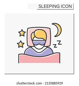 Sleep color icon. Person dreams in comfortable bed with blanket and pillow. Sleep mask. Night time. Dreams.Sleeping concept. Isolated vector illustration