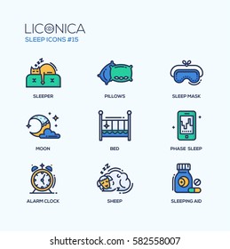 Sleep - colored vector modern single line icons set.