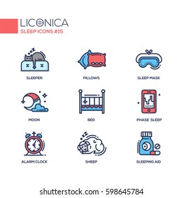 Sleep - coloured vector modern single line icons set.