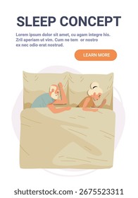 Concepto de sueño pareja en cama noche de descanso dormitorio de relajación manta acogedora Anuncio de Sitio web de fondo de color plano