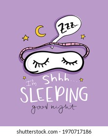 Sleep concept with sleeping mask and stars drawing, design for fashion graphics, t shirt prints, pajamas etc